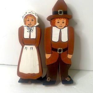 Hand Made Pilgrim Wooden Figurines Boy And Girl 6”